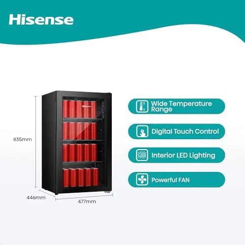 Hisense refrigerator with features listed on a white background