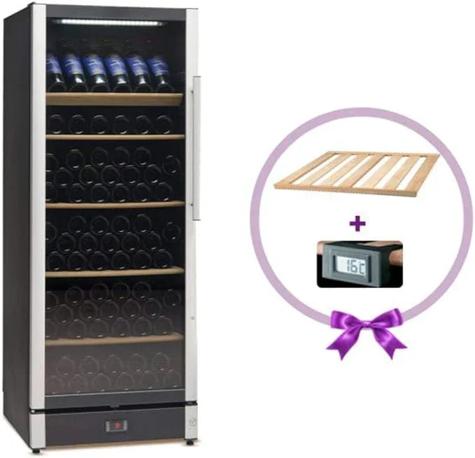 Wine cooler with wine bottles, a wooden rack, and digital thermometer on a white background