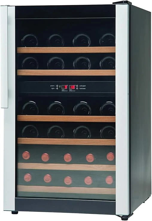 Wine cooler with bottles of wine on wooden shelves