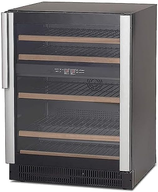 Wine cooler with glass door and wooden shelves on a black background