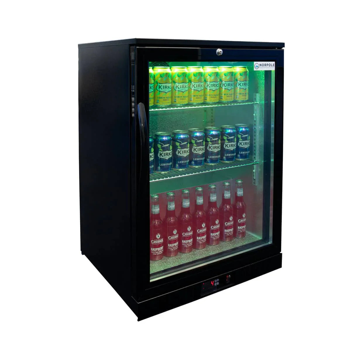 Black beverage cooler with glass door displaying drinks on a white background