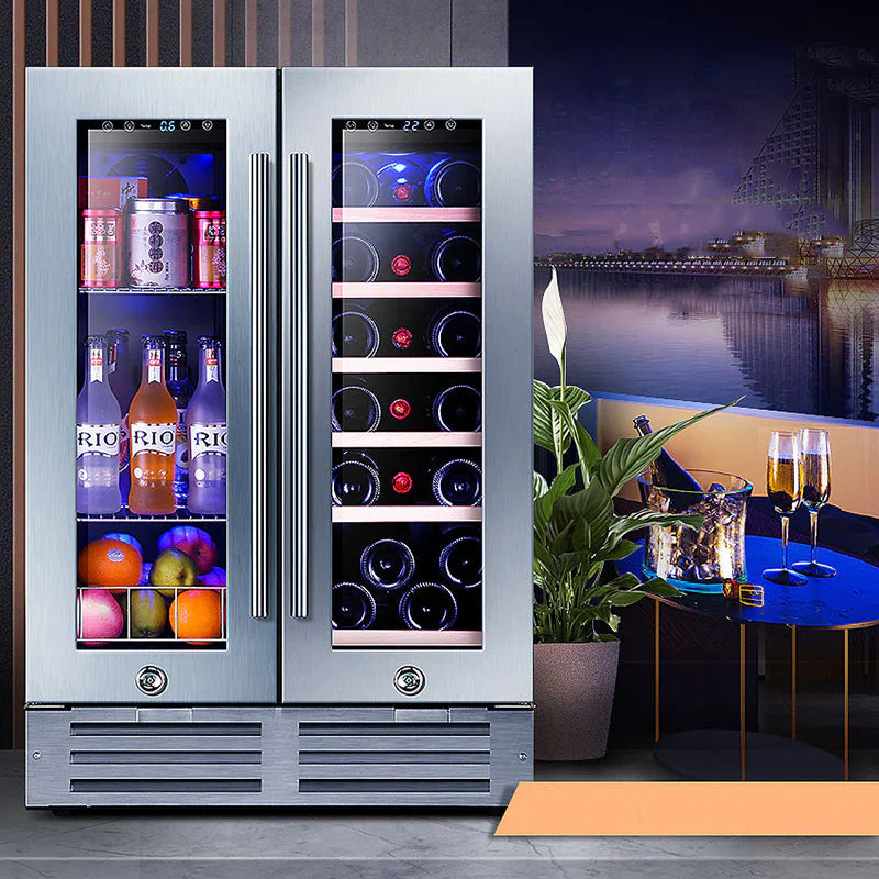 Double-door refrigerator with wine and drink display in a modern interior setting.