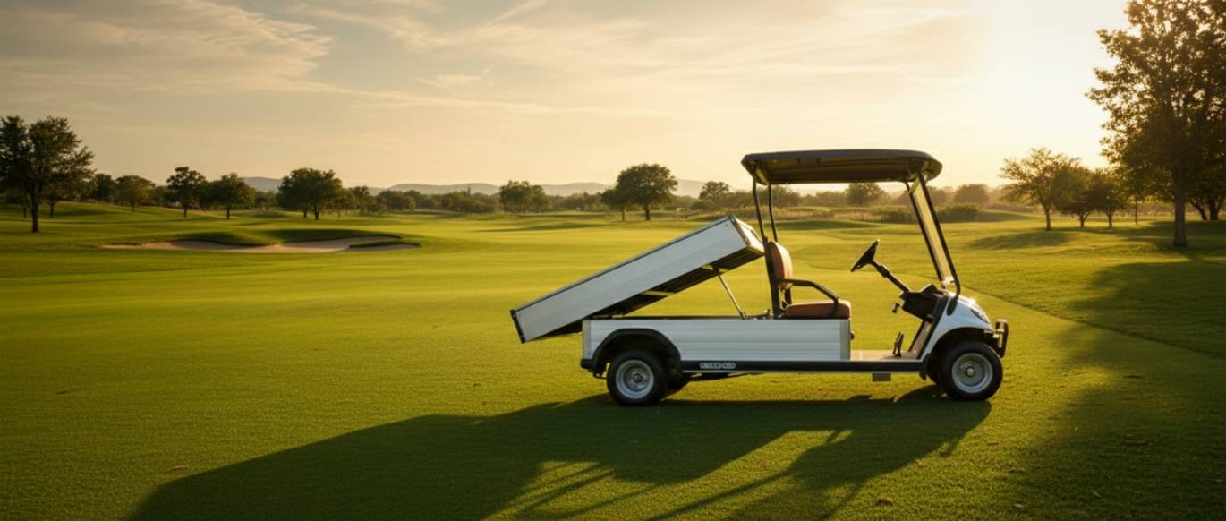 Golf cart on a golf course with trees and sunset in the background