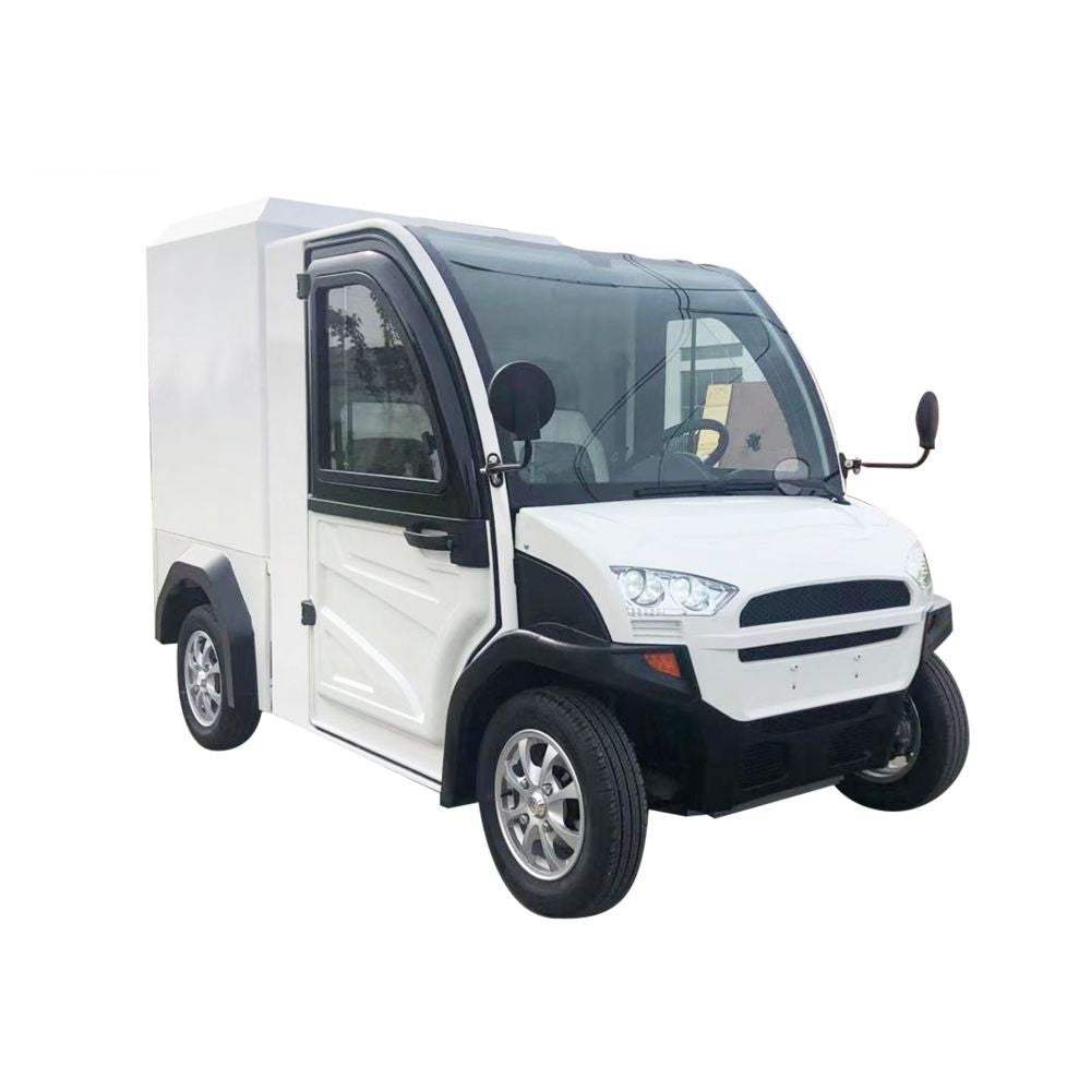 ocean cartz three-quarter front studio shot of a white enclosed electric delivery vehicle with a large rear cargo box, set against a pure white background. This two-seater commercial NEV or electric utility truck features a modern front end, black trim, and small, multispoke silver alloy wheels. The vehicle is designed for efficient last-mile delivery and urban logistics.