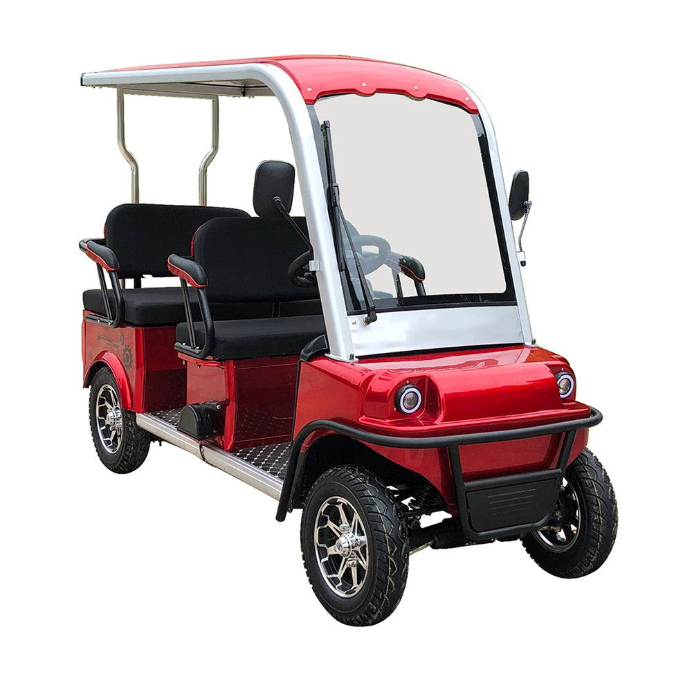 Red golf cart with a white roof on a white background