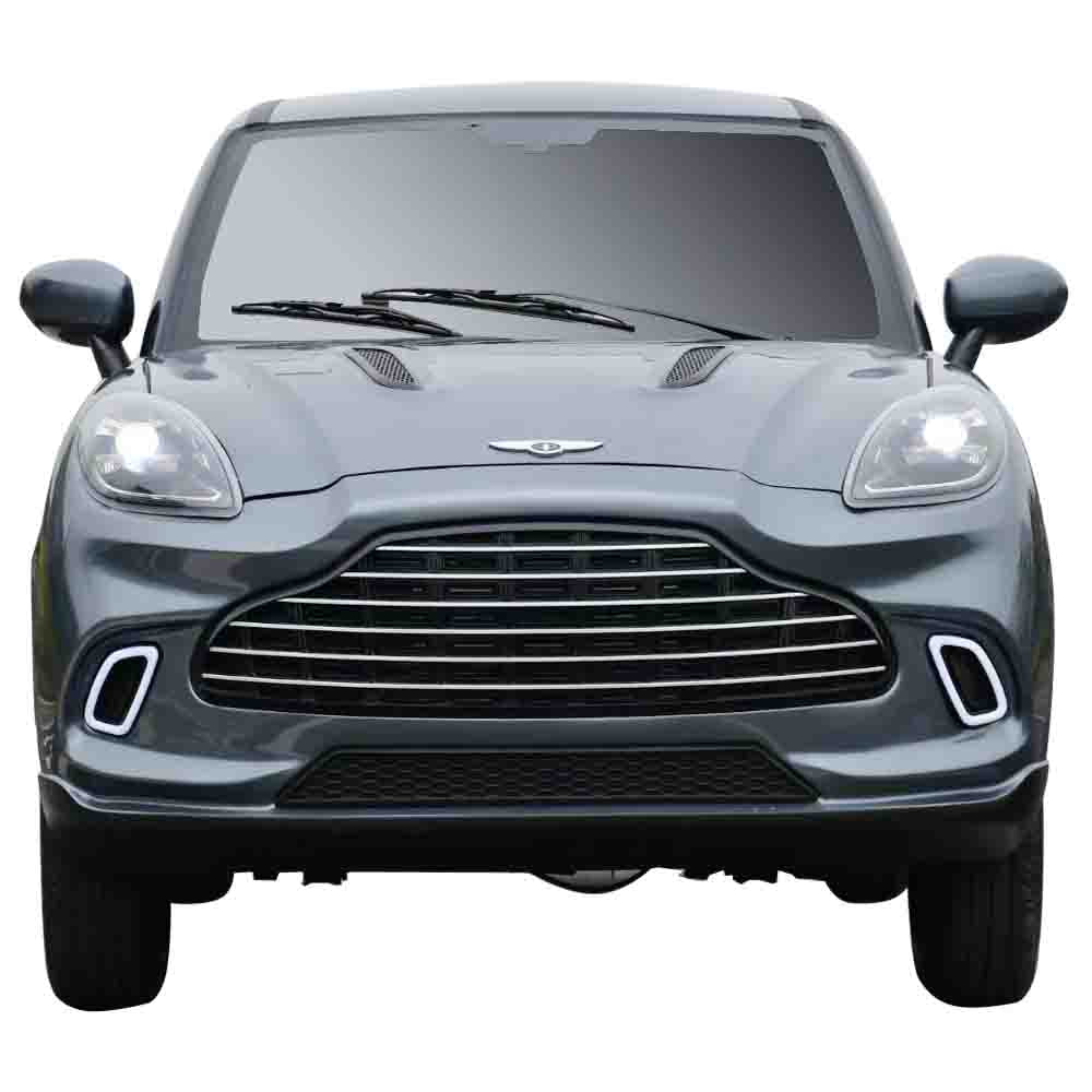 Front view of a gray car with a visible logo on a white background