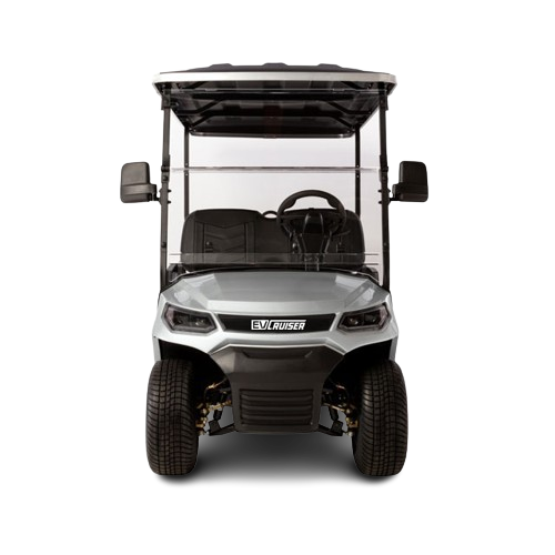 Electric golf cart with clear canopy on a white background