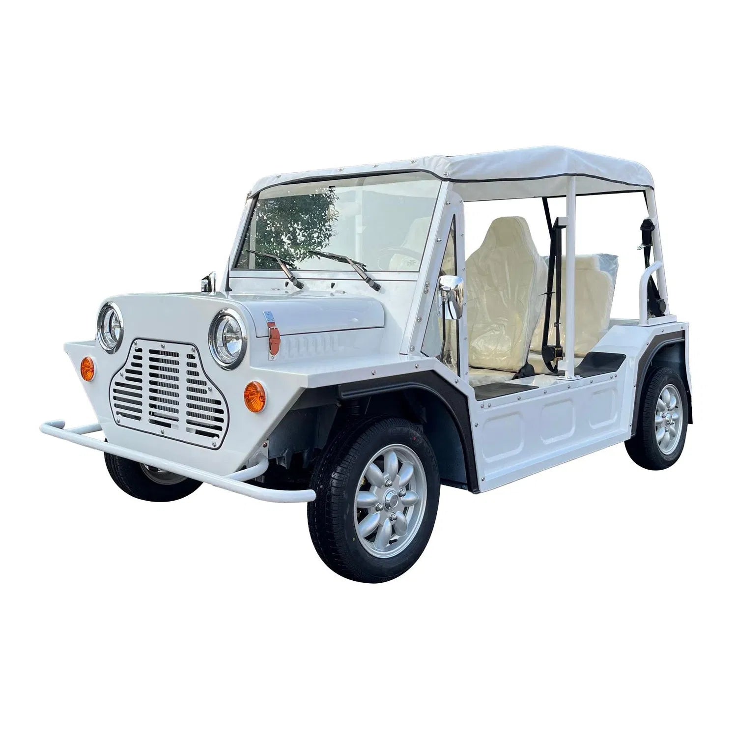 White golf cart with a canopy on a white background