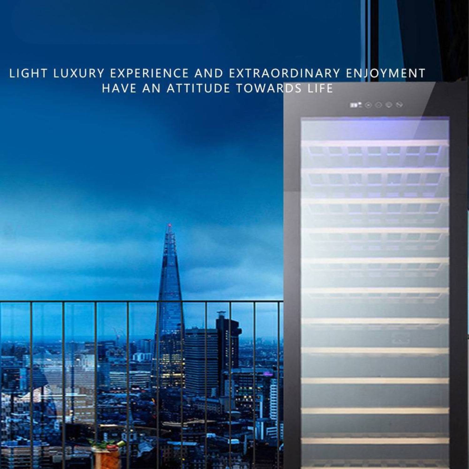 Cityscape with a modern building and text about luxury experience.