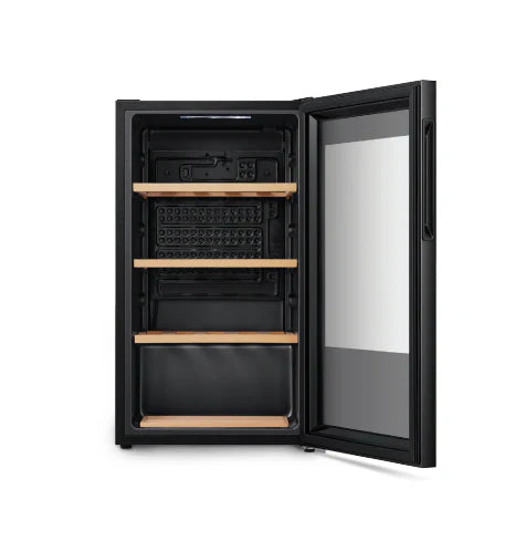 Black wine cooler with open door on a white background