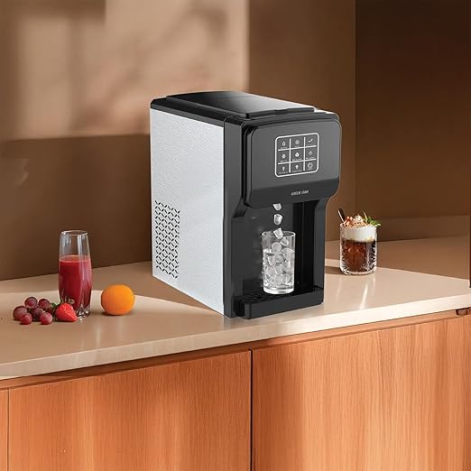 Modern water dispenser on a kitchen counter with drinks and fruits.