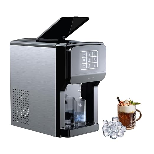 Ice cream machine with a digital display, ice cubes, and a glass of iced coffee with a straw on a white background.