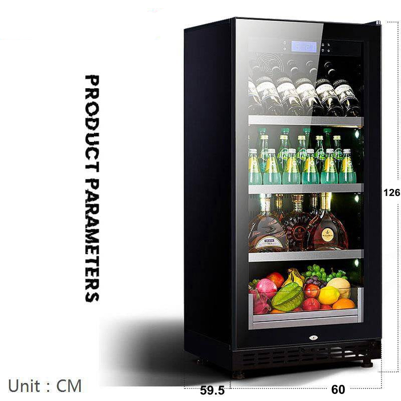 Black refrigerator with drinks and fruits on a white background, featuring the Coolbay brand.