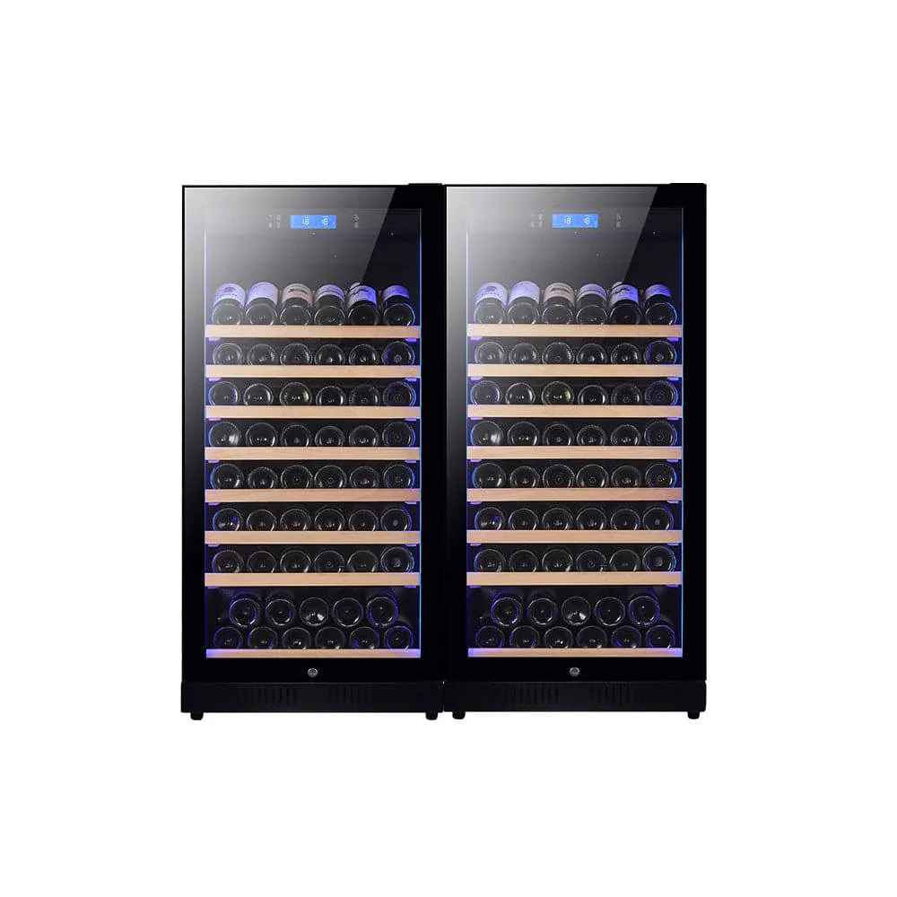 Wine cooler with glass doors displaying rows of wine bottles on a white background