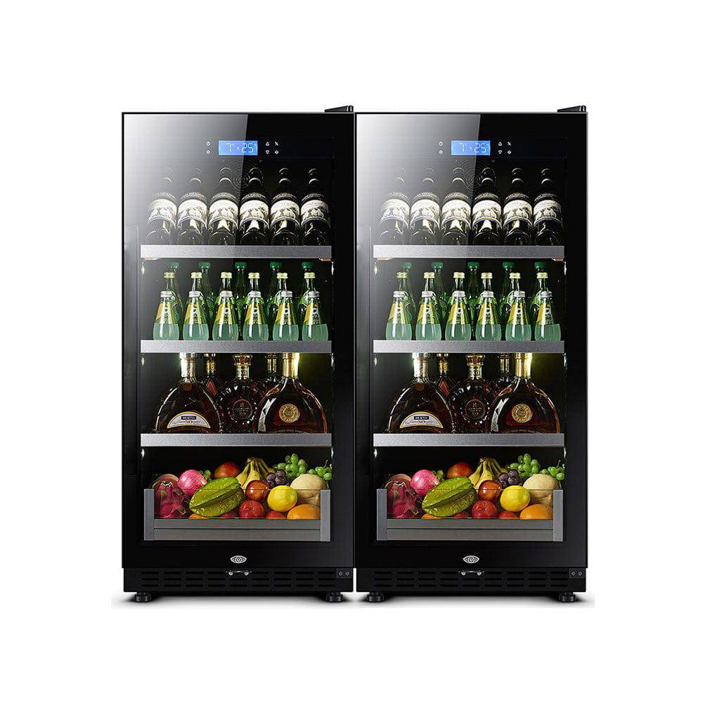 Dual-door beverage cooler with drinks and fruits on a white background