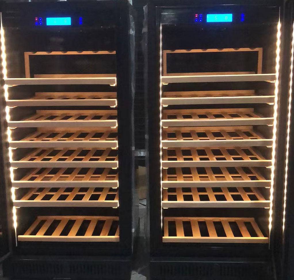 Wine cooler with wooden shelves and digital display on a black background