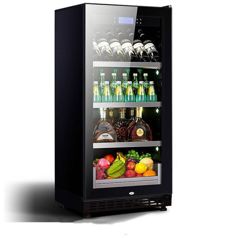 Black beverage cooler with glass door displaying bottles, fruits, and vegetables on a white background