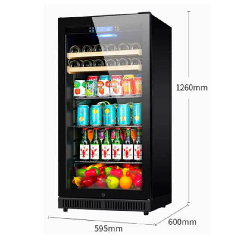 Black beverage cooler with various drinks and snacks inside, showing dimensions on a white background.