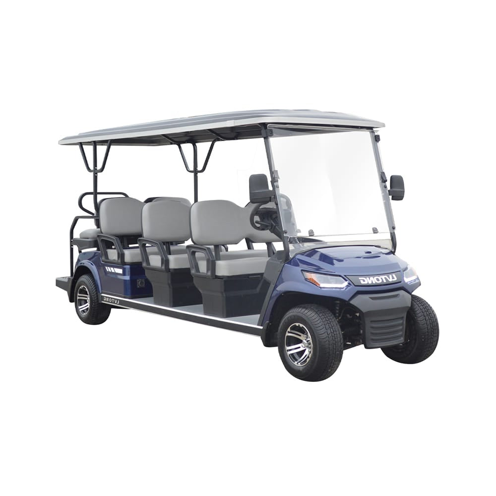 Blue golf cart with six seats on a white background