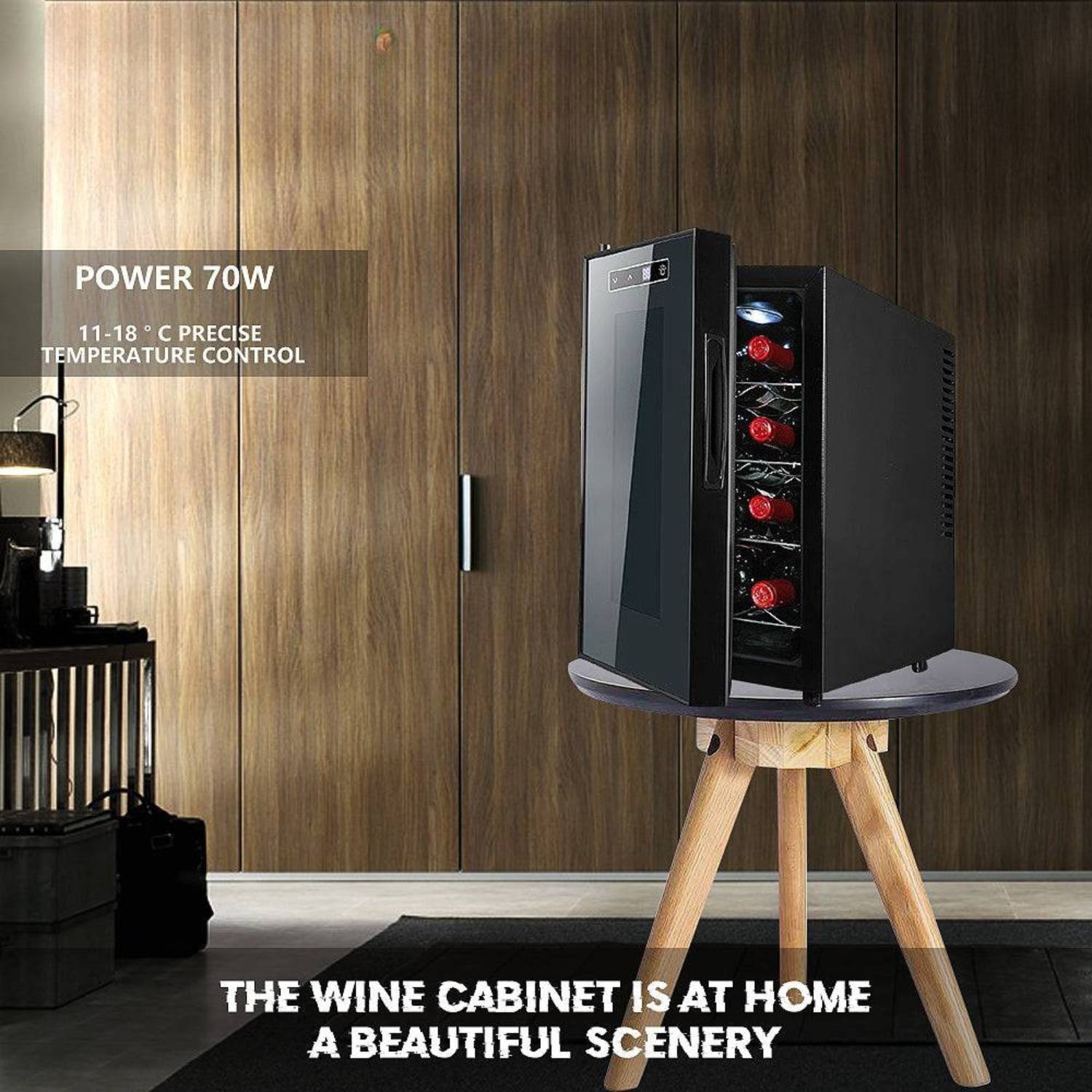 Wine cabinet with red wine bottles on a wooden stand against a wooden wall.