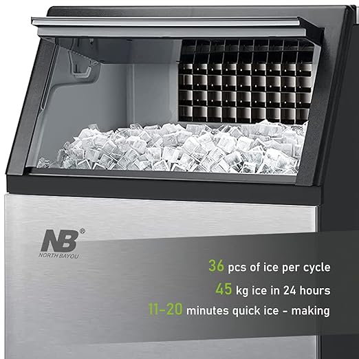 Ice machine with ice cubes and North Bayou branding on a white background