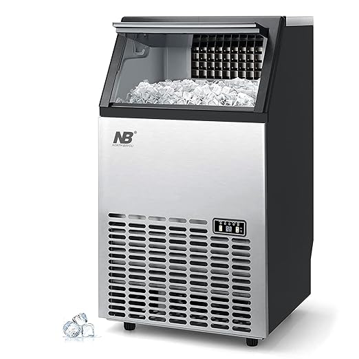 Ice machine with ice cubes on a white background