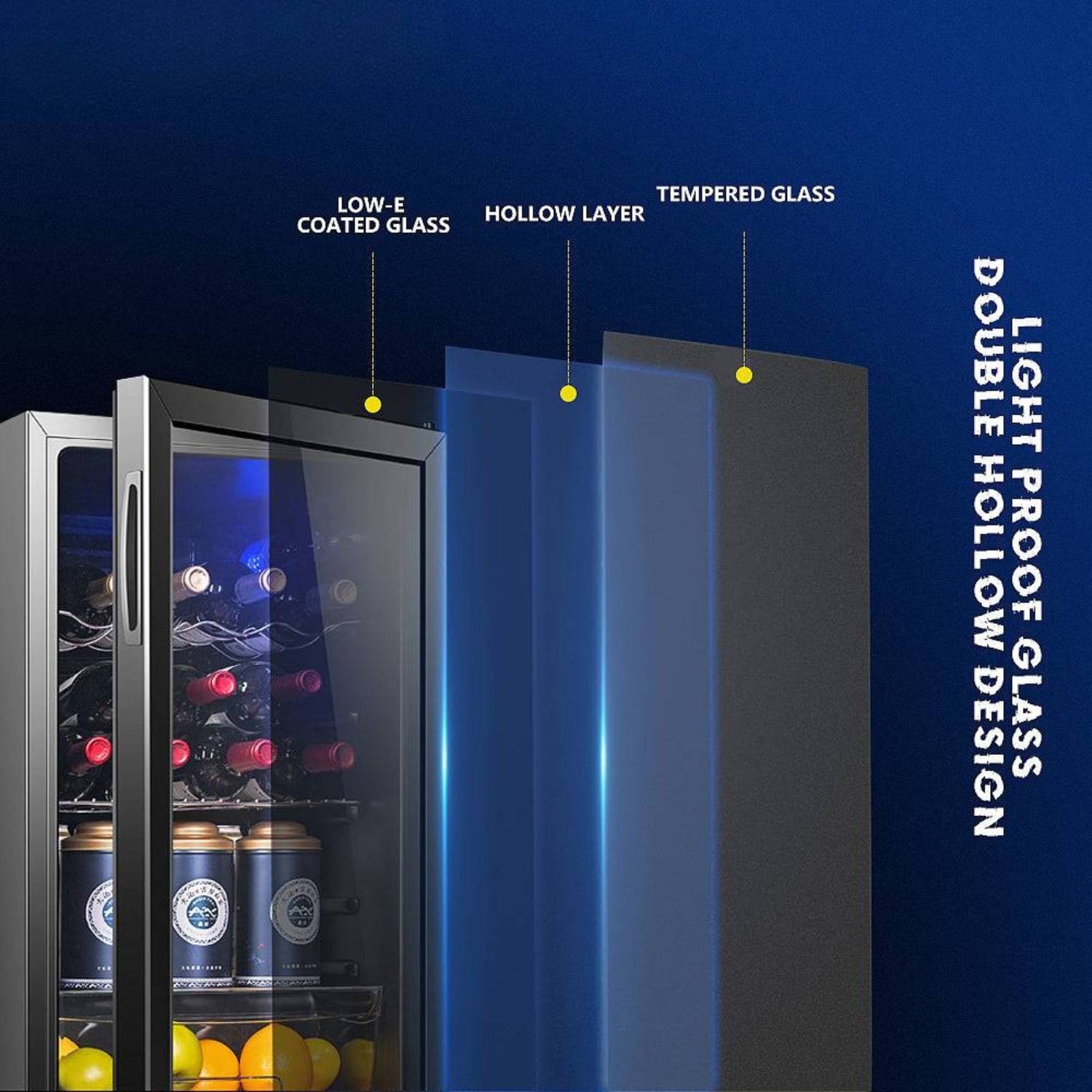 Wine cooler with lightproof glass design labeled on a blue background