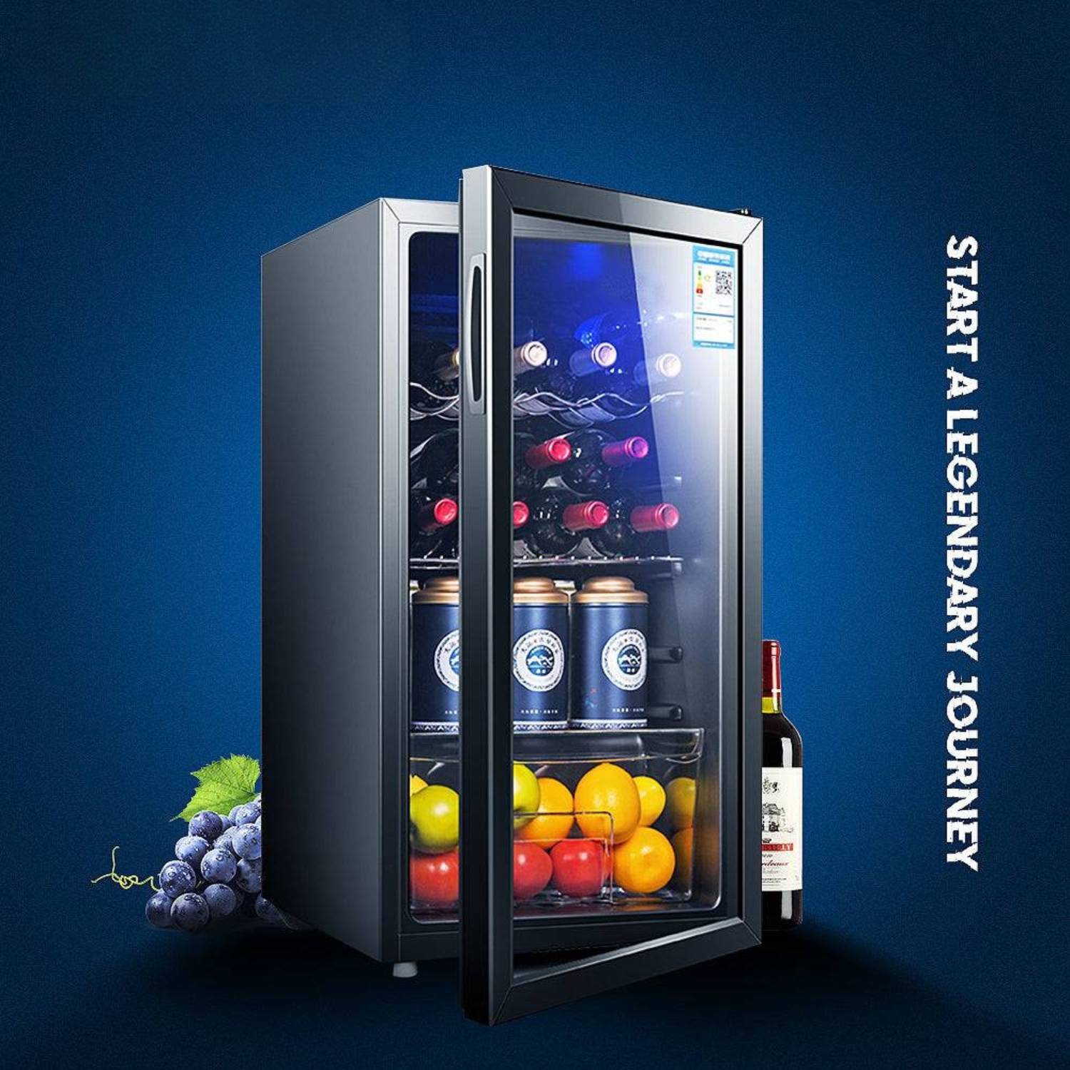 Modern wine cooler with drinks and fruits on a blue background, featuring the text 'Start a Legendary Journey'.