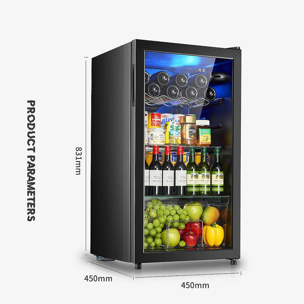 Small refrigerator with drinks and fruits on a white background, featuring the brand 'Coolbaby'.