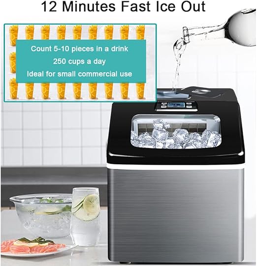 Ice maker with text about fast ice production and usage, set against a kitchen background.