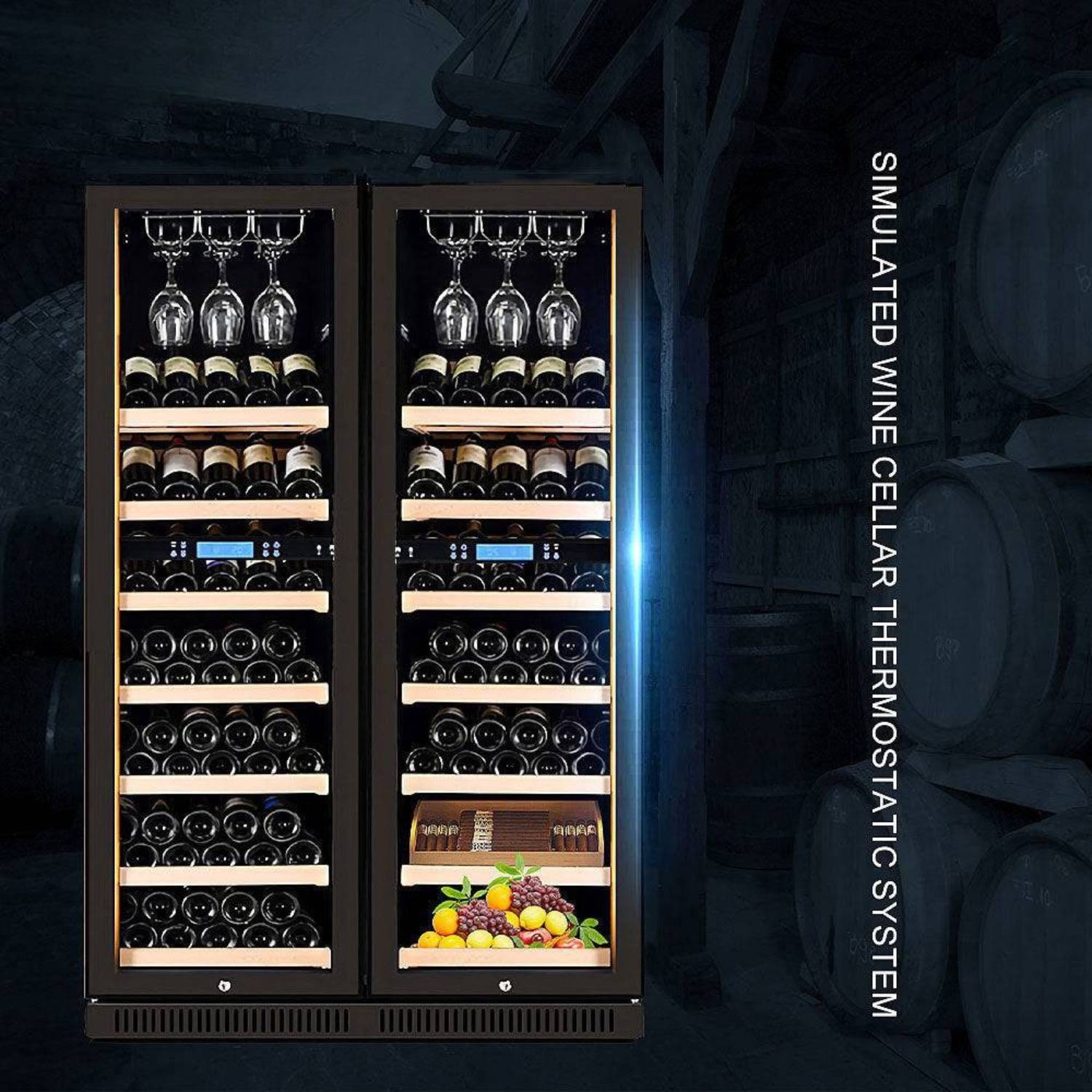 Simulated wine cellar with wine bottles and glasses on a dark background