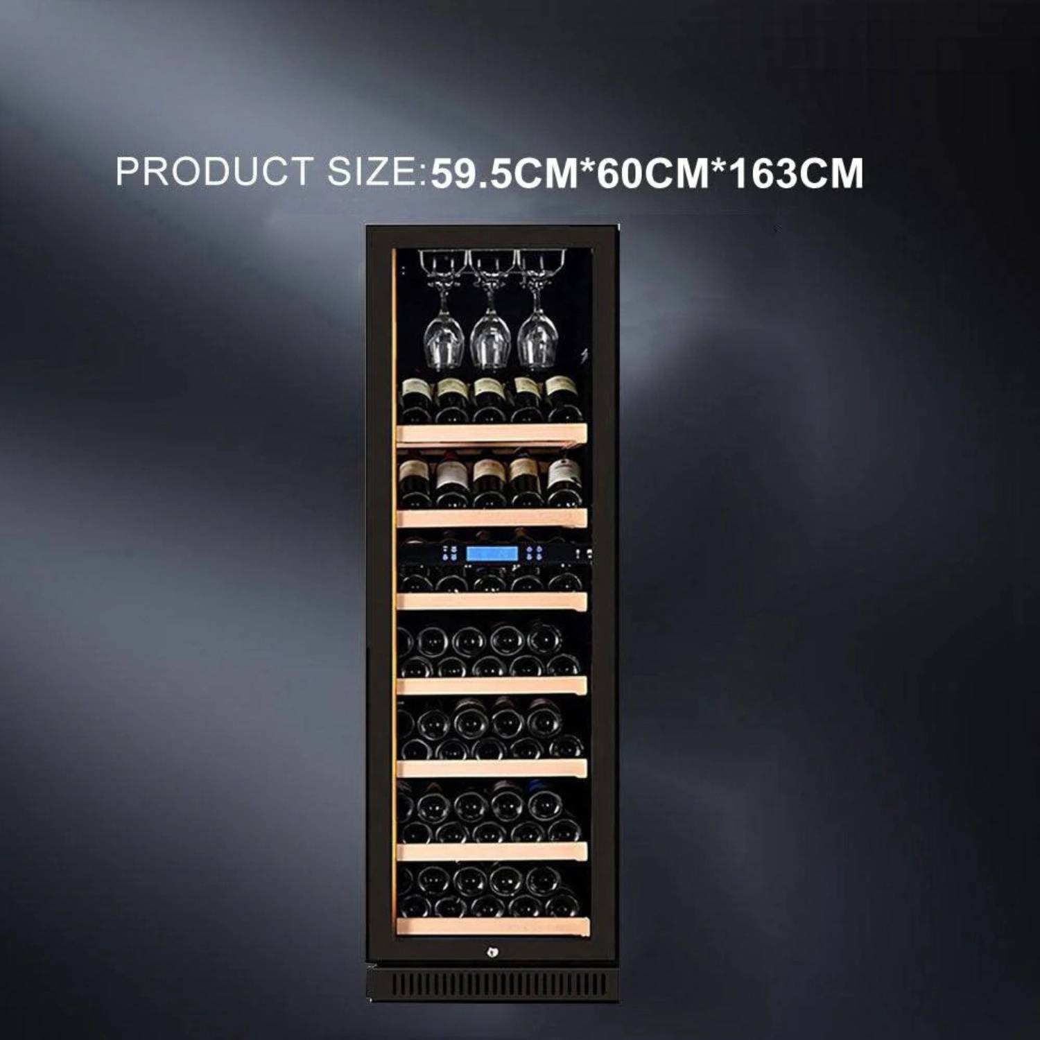 Wine cooler with wine bottles and glasses on a dark background