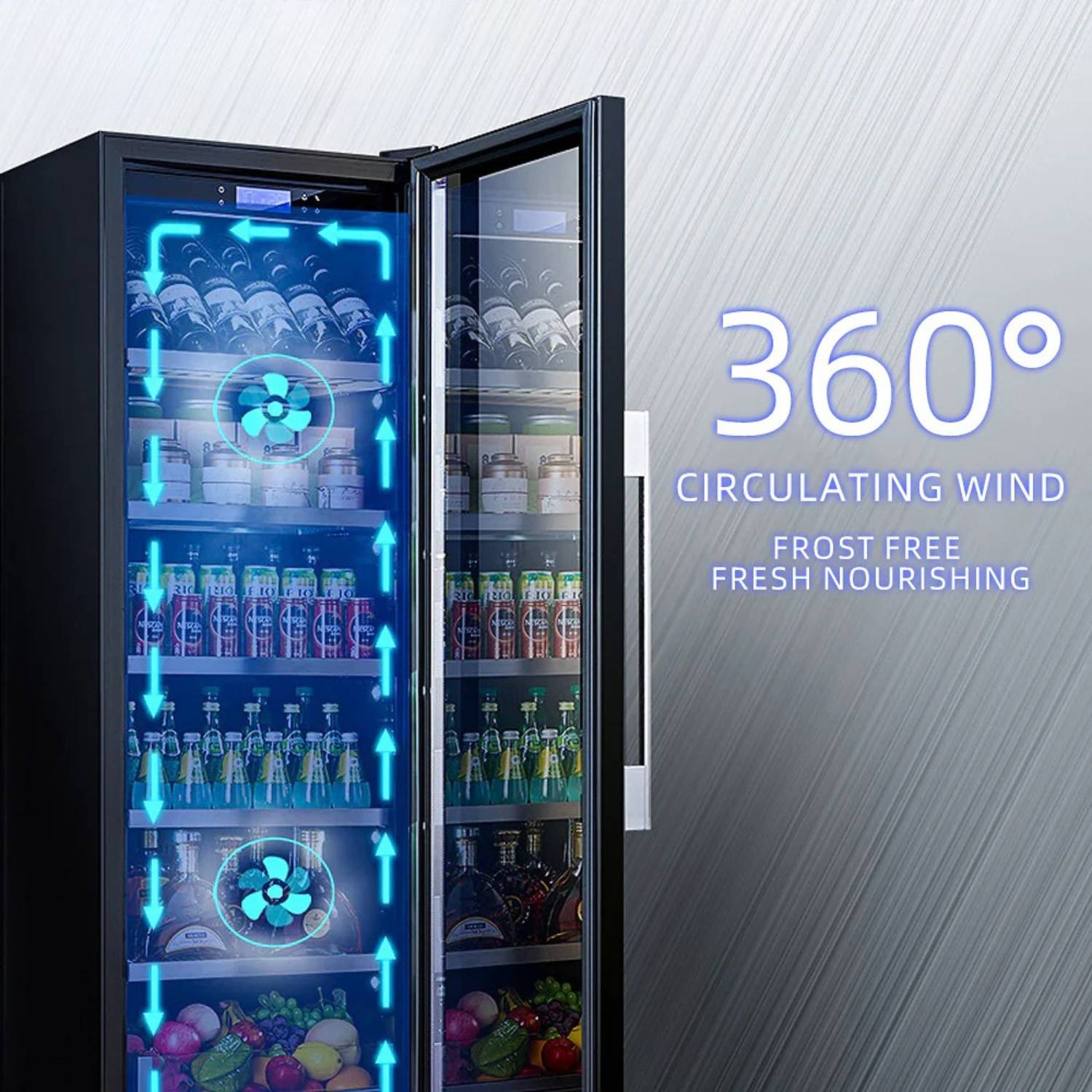 Fridge with 360-degree circulating wind system on a gray background