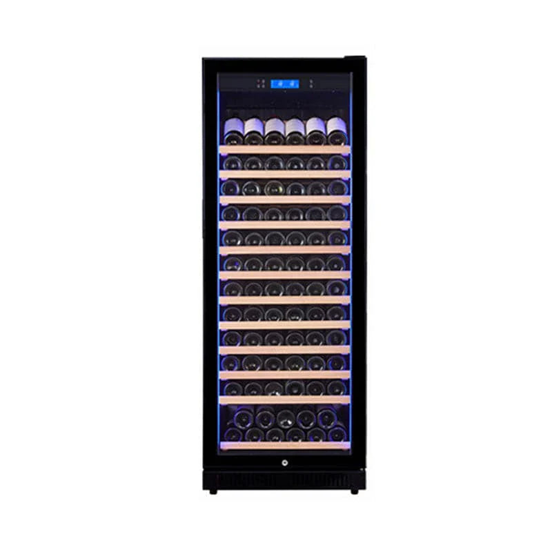 Wine cooler with multiple rows of wine bottles on a white background