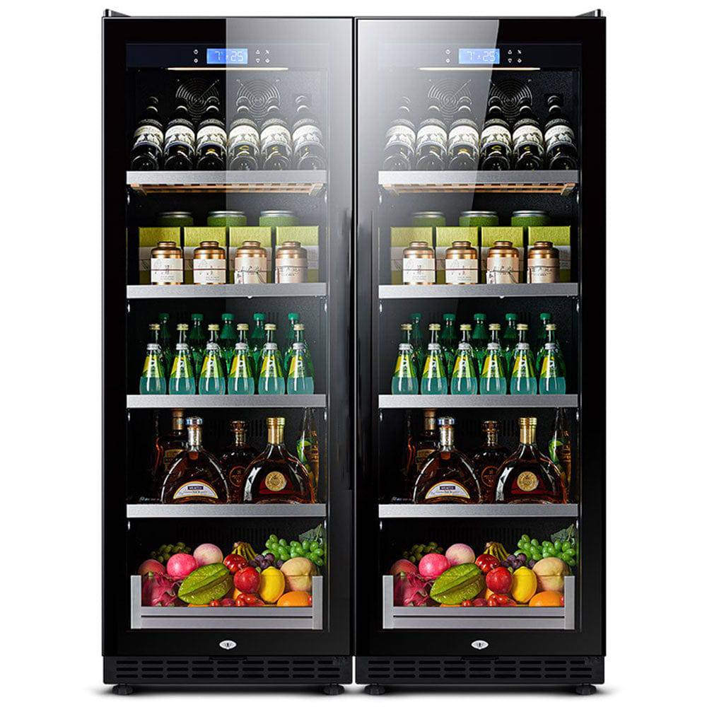 Double-door wine and beverage cooler with various drinks and fruits on shelves.