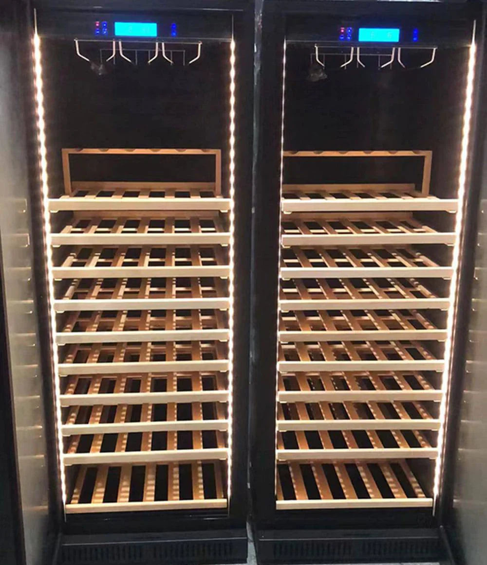 Wine cellar with wooden racks inside a refrigerator