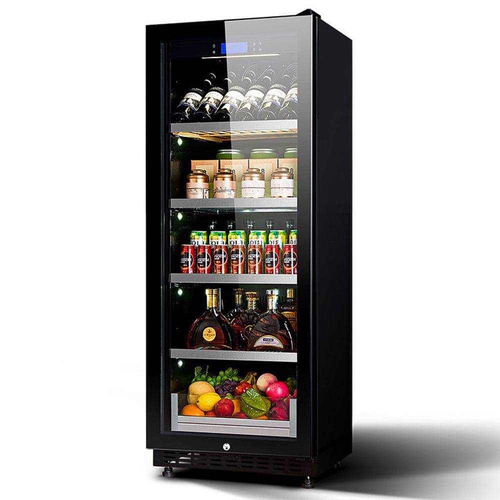 Black beverage cooler with various drinks and fruits on a white background