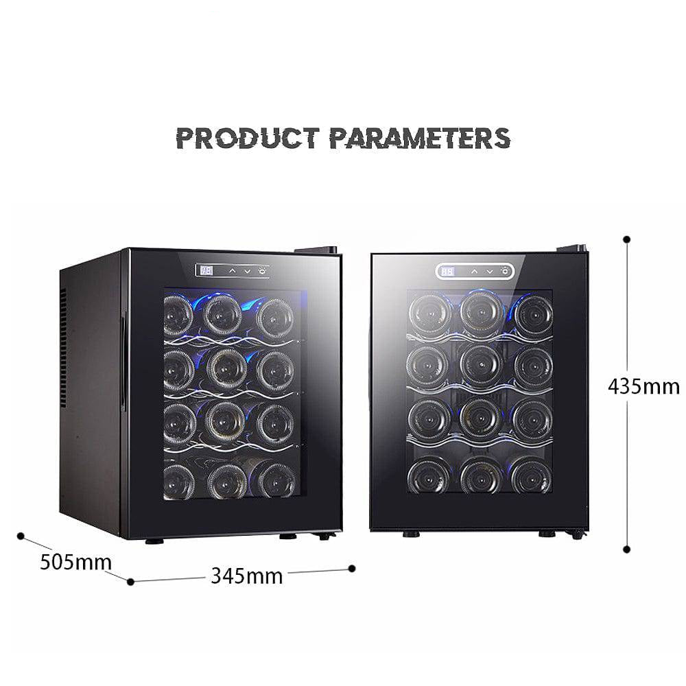 Wine cooler with bottle slots and dimensions on a white background