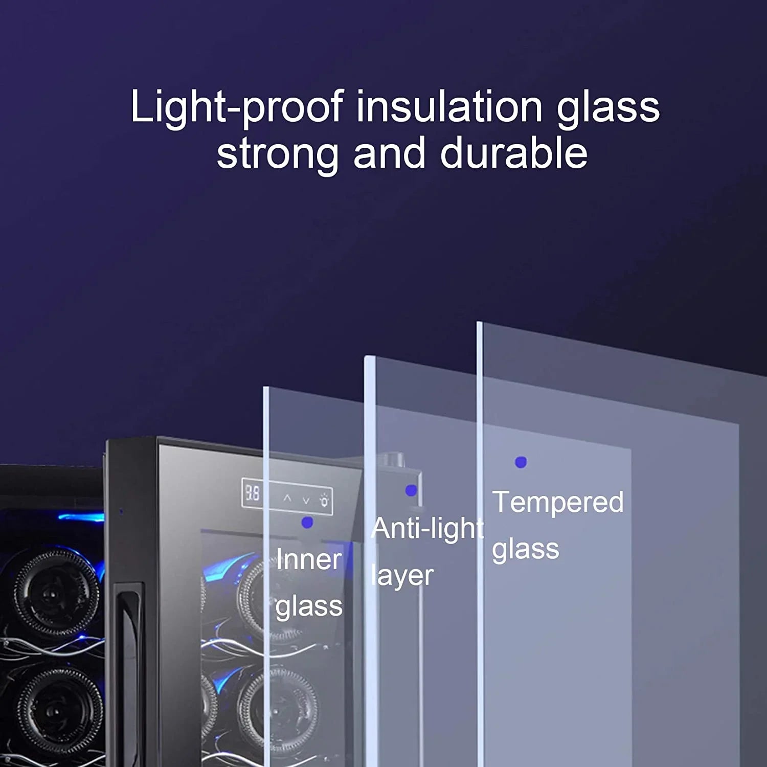 Light-proof insulation glass with labeled layers on a dark background