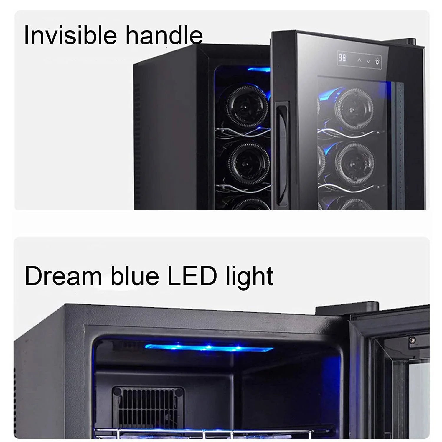 Wine cooler with an invisible handle and dream blue LED light on a white background