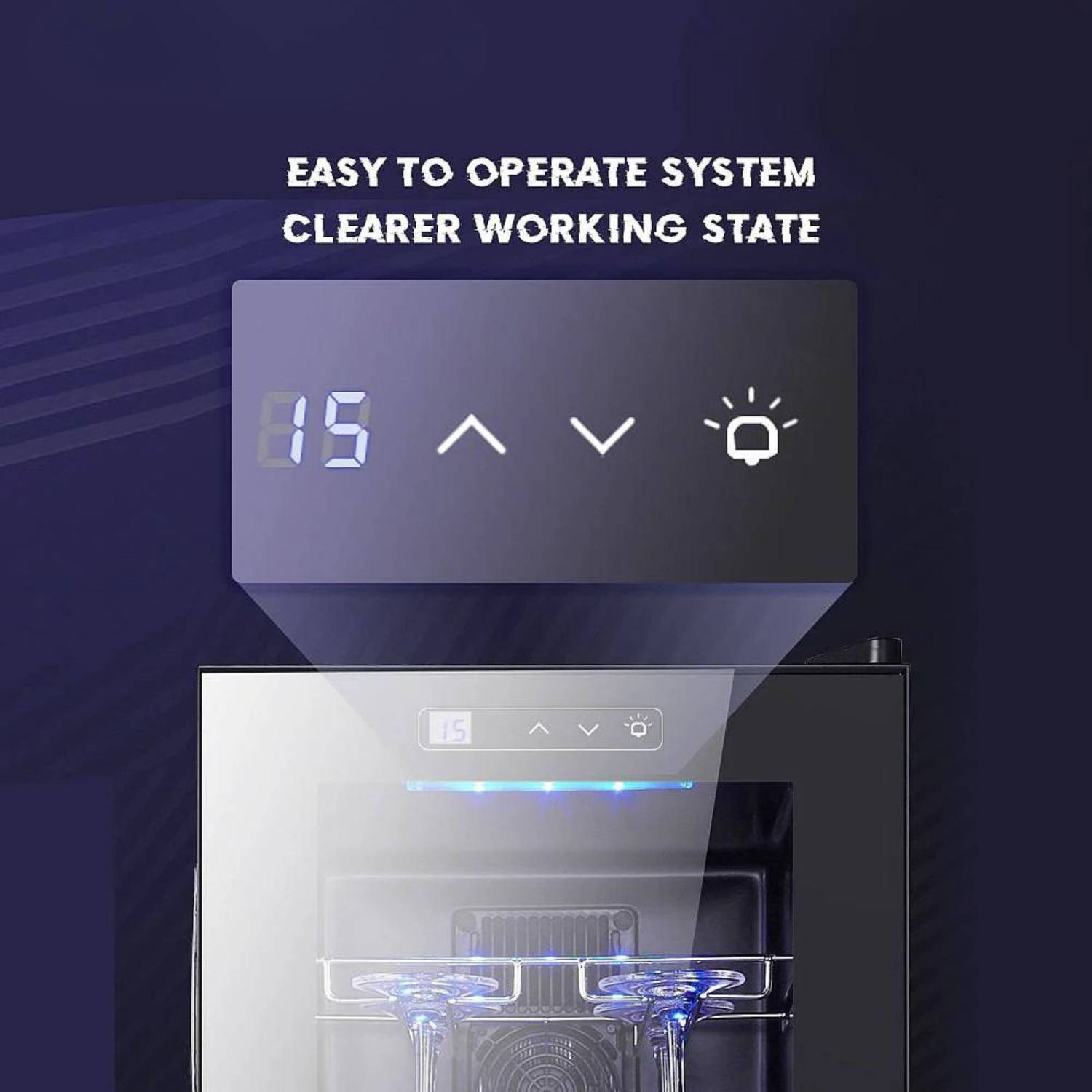 Control panel of a machine with digital display and buttons on a dark background