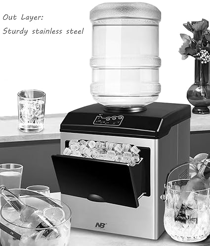 Ice maker on a kitchen counter with glasses of ice and water.