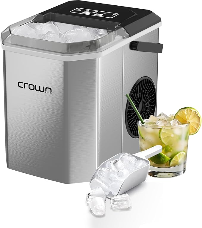 Crown Ice cube maker with a scoop and a cocktail with lime and ice on a white background