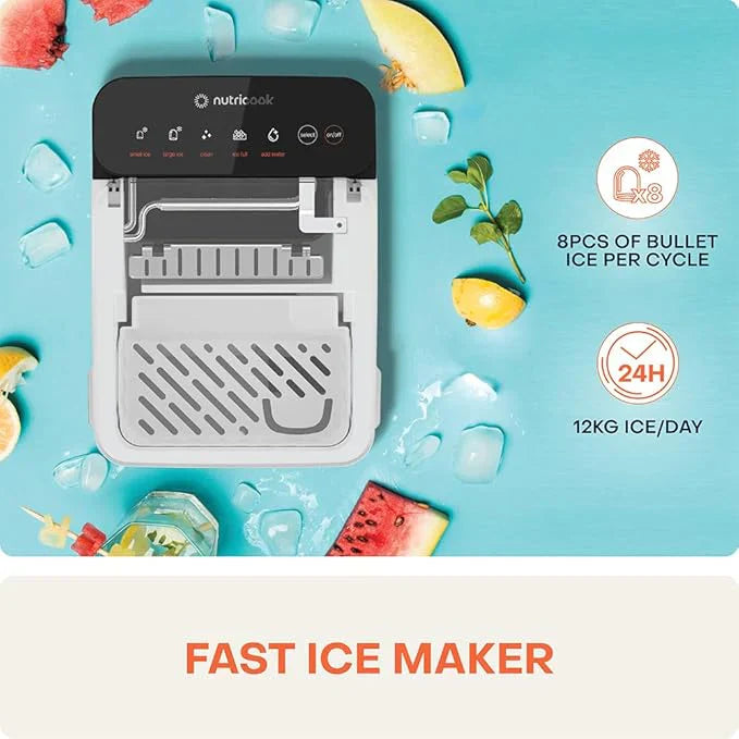 Fast ice maker with ice cubes and fruit on a blue background