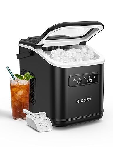 Black Hicozy ice maker with ice cubes and a drink on a white background