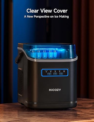 HICOZY ice maker with clear view cover on a wooden surface