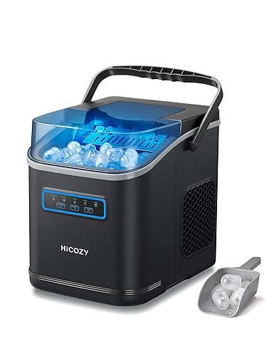 HICOZY ice maker with a scoop of ice on a white background