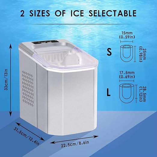 Ice maker with dimensions and size options on a blue background