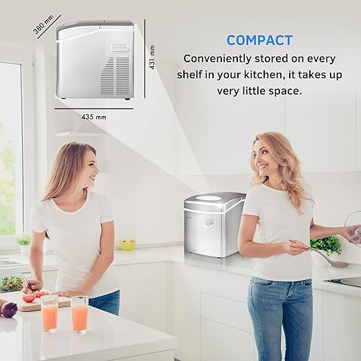 Compact ice maker on a kitchen counter with two women in the background