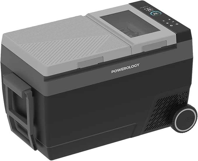 Portable refrigerator with digital display and 'Powerology' branding on a white background